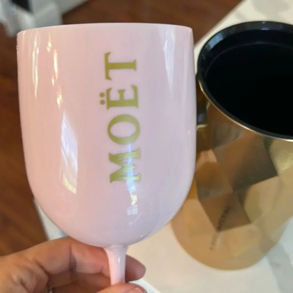 Moët & Chandon gold large tin and pink plastic glass